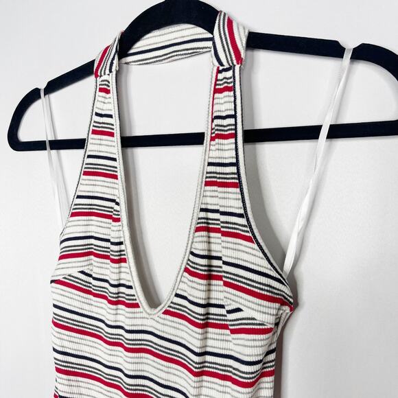 New Wild Honey M White Red Black Striped Halter Ribbed Low Back Bodysuit Cotton - Picture 5 of 11